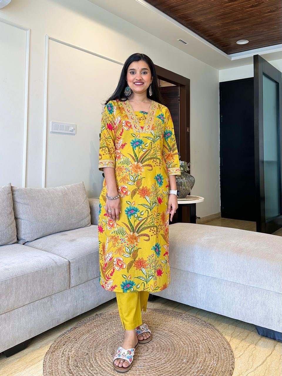 Ramya Floral Printed Cotton Suit- Yellow - Image 2