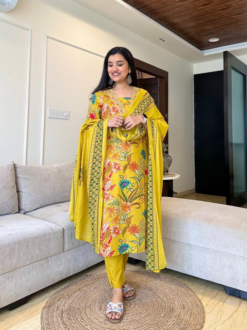Ramya Floral Printed Cotton Suit- Yellow - Image 3