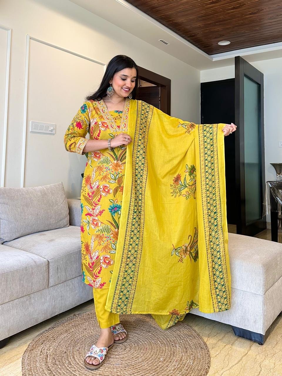 Ramya Floral Printed Cotton Suit- Yellow - Image 4