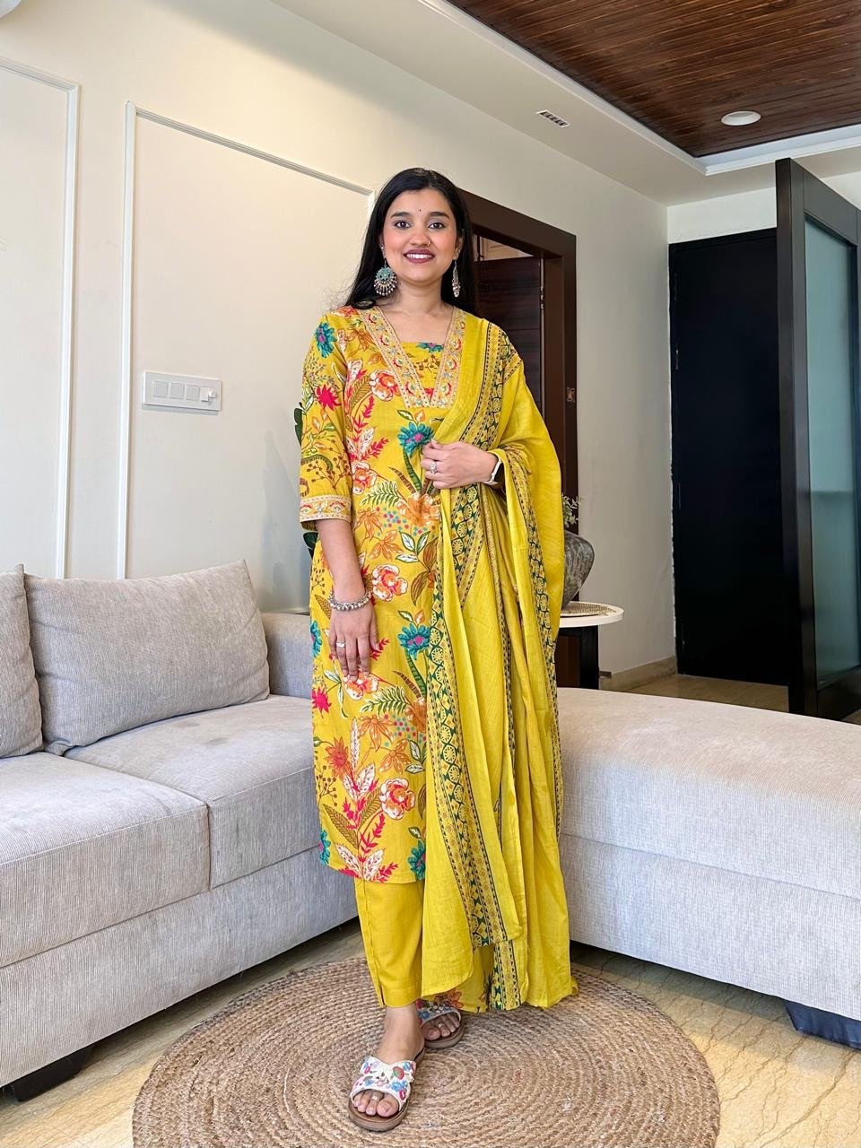 Ramya Floral Printed Cotton Suit- Yellow