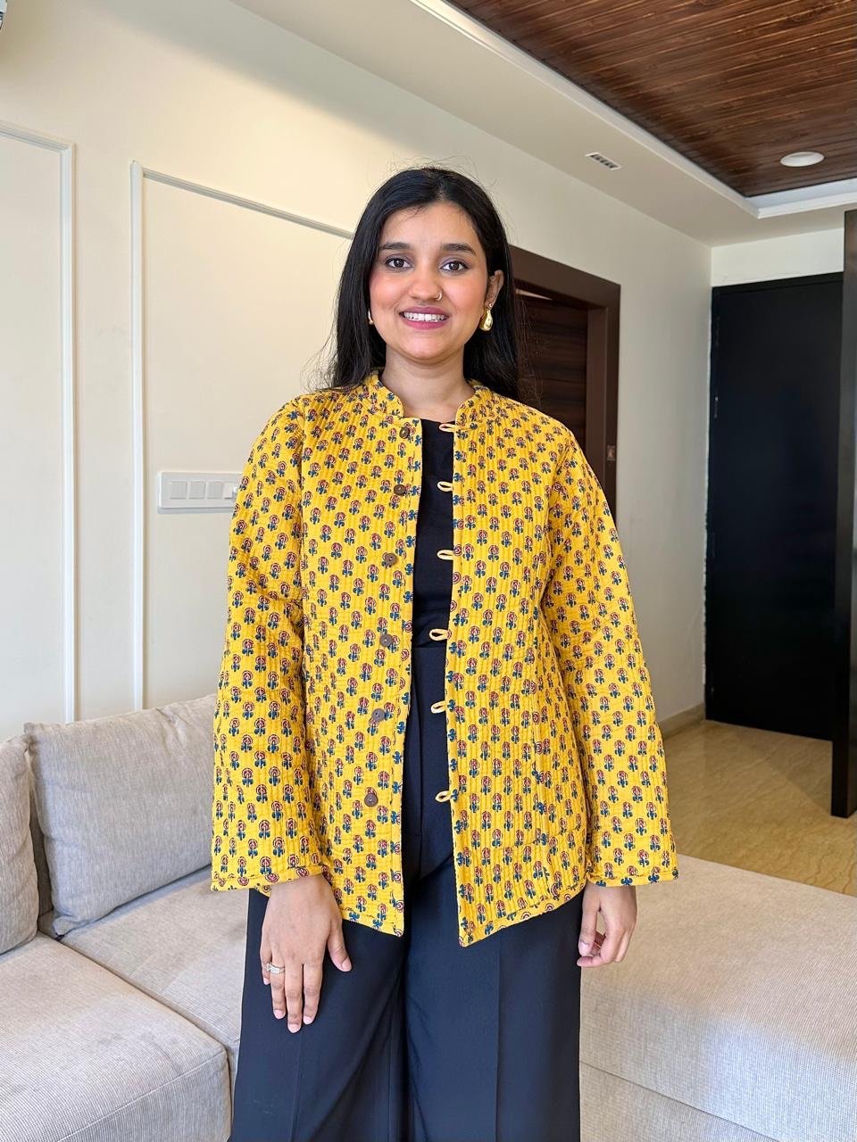 Reversible Quilted Jacket- Yellow Floral Jaal - Image 3