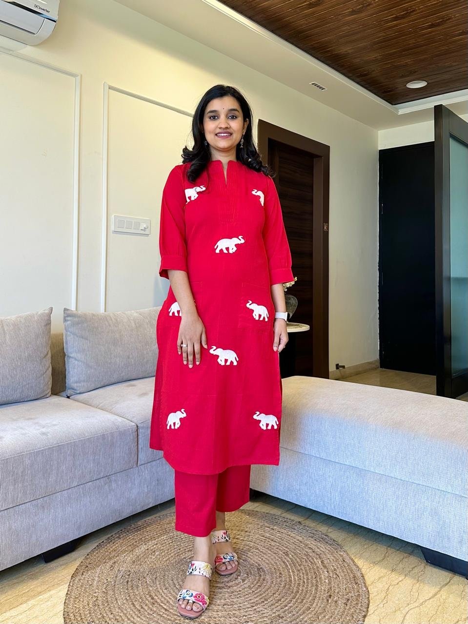 Tia Embroidered Cotton Pant Set- Red - Image 3