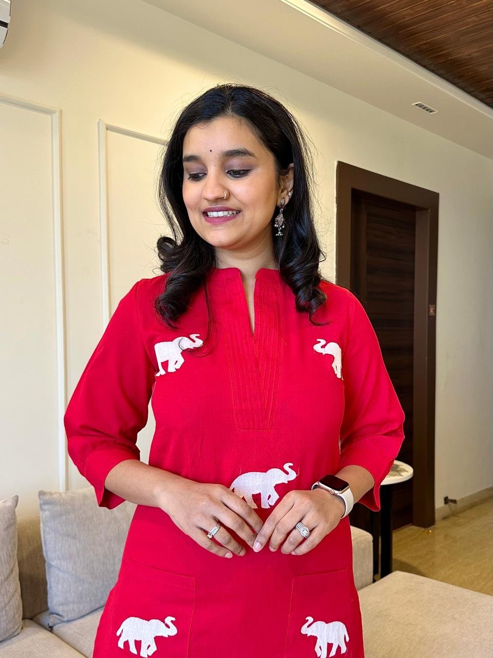 Tia Embroidered Cotton Pant Set- Red - Image 2