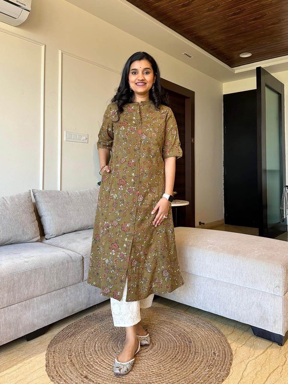 A-line Cotton Kurta- Olive Phool Jaal - Image 3
