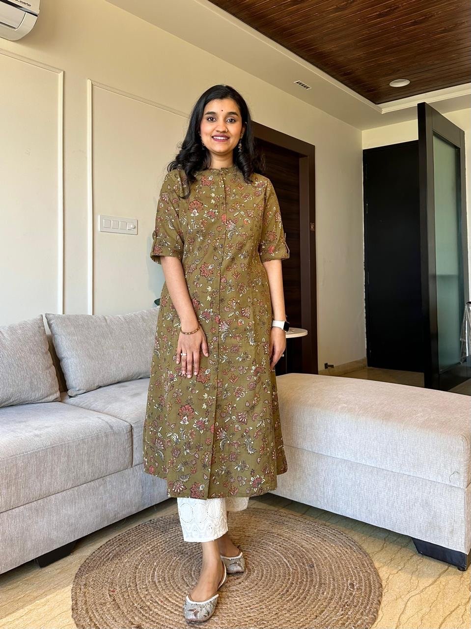A-line Cotton Kurta- Olive Phool Jaal