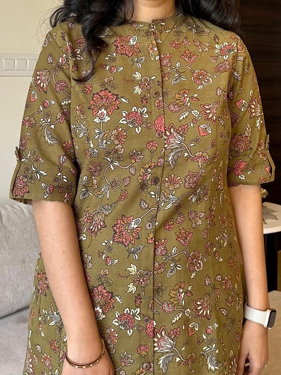 A-line Cotton Kurta- Olive Phool Jaal - Image 4