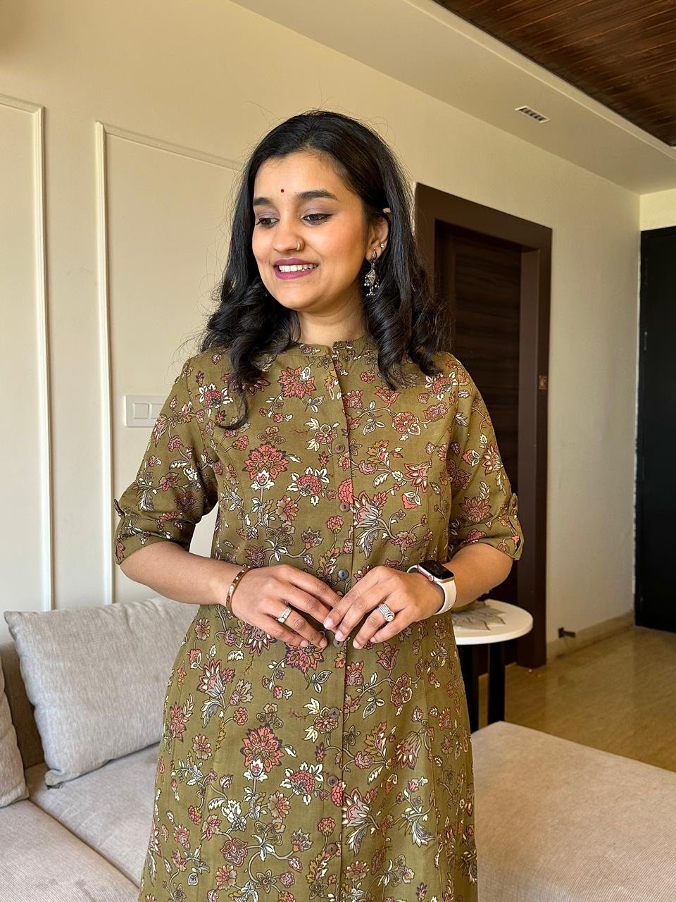 A-line Cotton Kurta- Olive Phool Jaal - Image 2