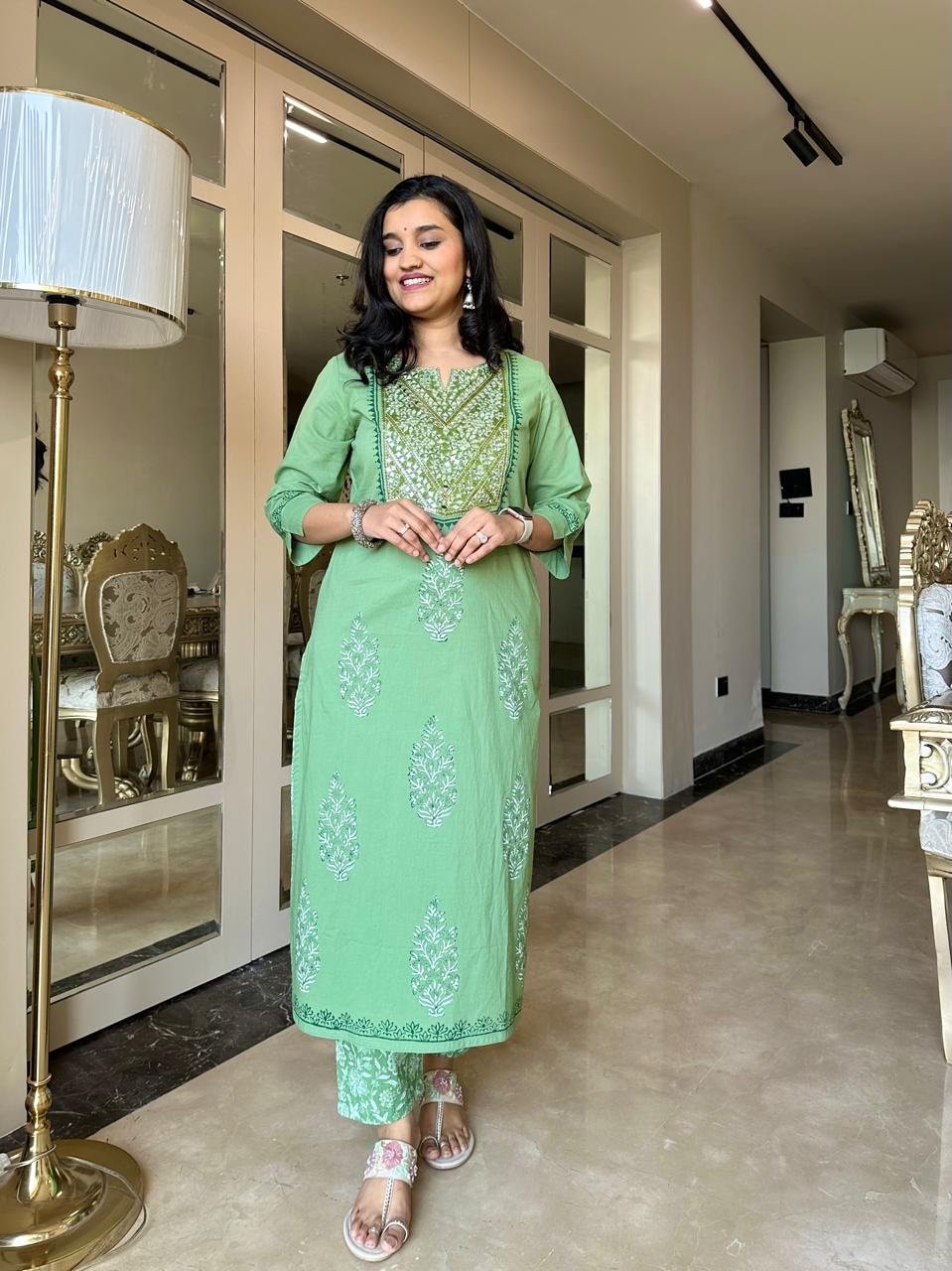 Sitara Handwork Boota Cotton Suit- Green - Image 3