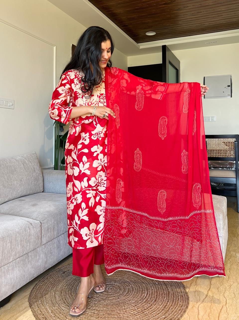 Basera Red Floral Muslin Suit - Image 2