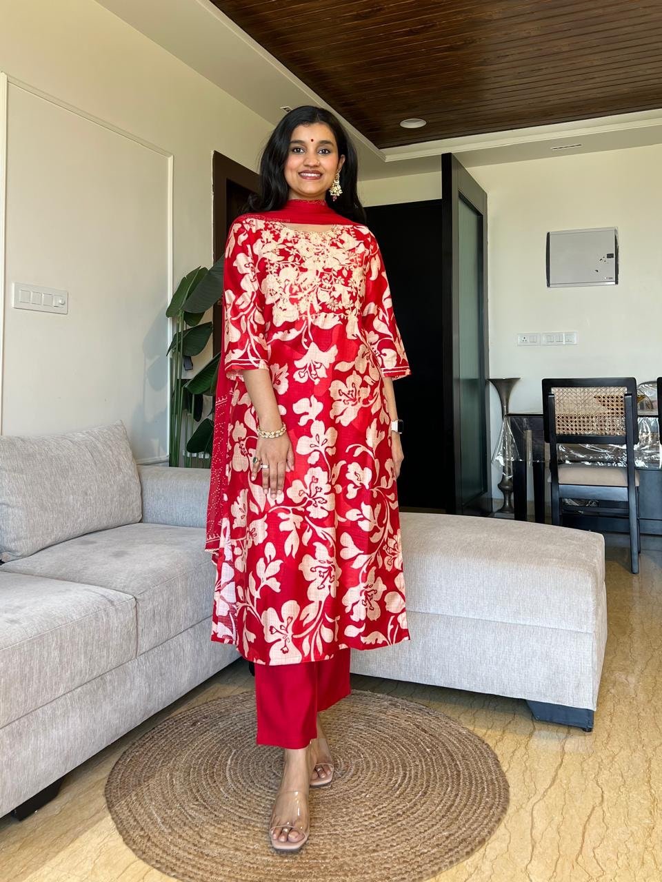Basera Red Floral Muslin Suit