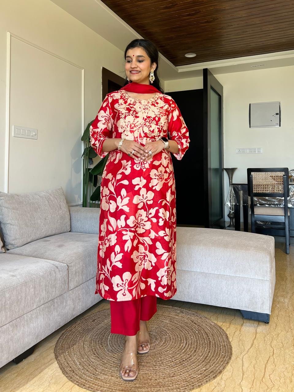 Basera Red Floral Muslin Suit - Image 4