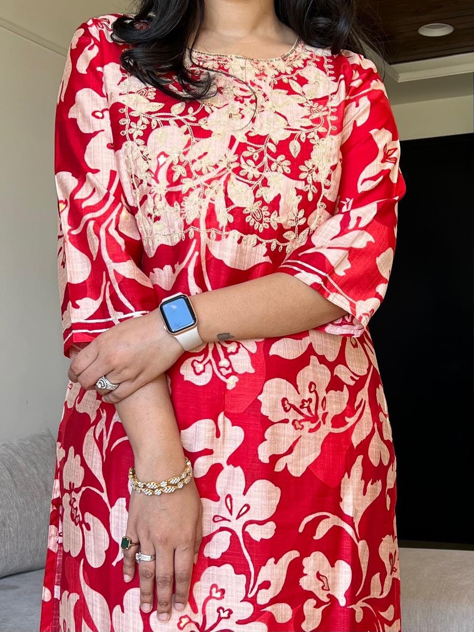 Basera Red Floral Muslin Suit - Image 3