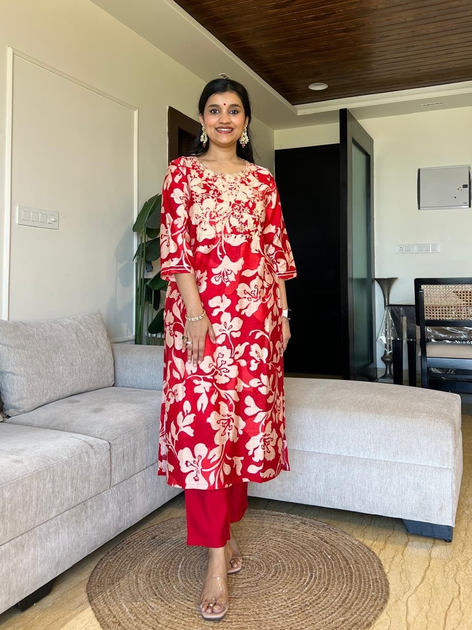 Basera Red Floral Muslin Suit - Image 5