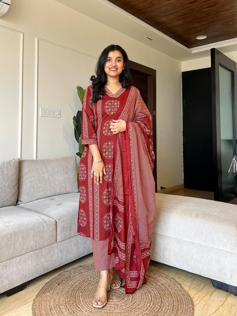 Naina Ajrakh Cotton Suit- Red