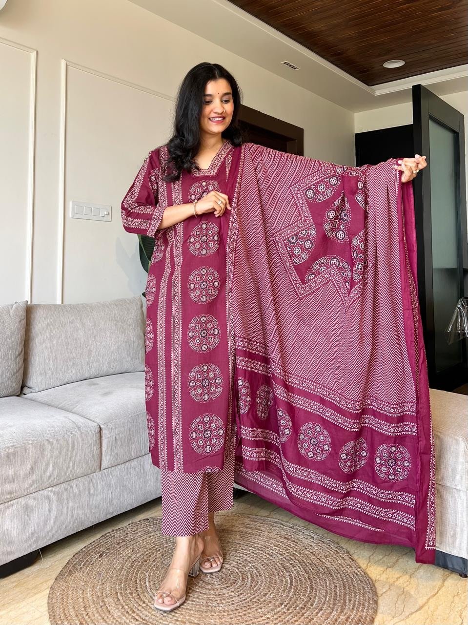 Naina Ajrakh Cotton Suit- Wine - Image 5