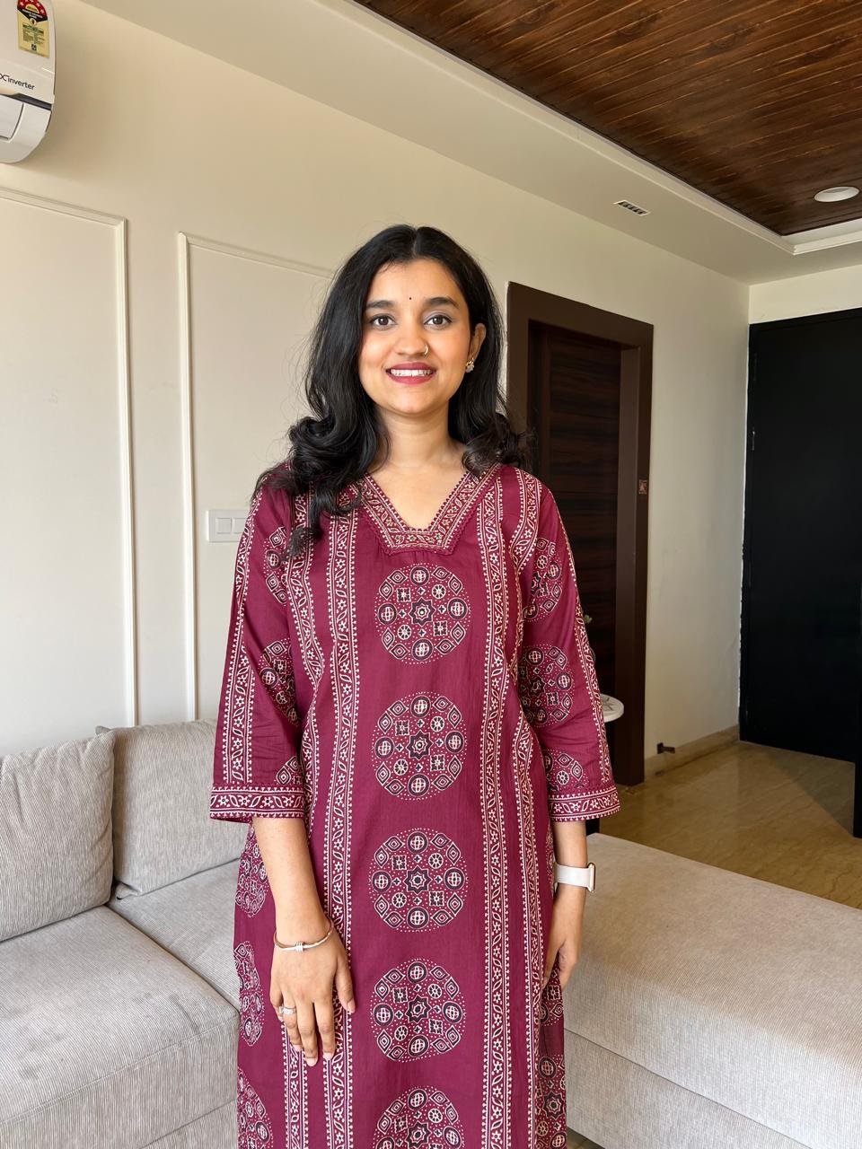 Naina Ajrakh Cotton Suit- Wine - Image 3
