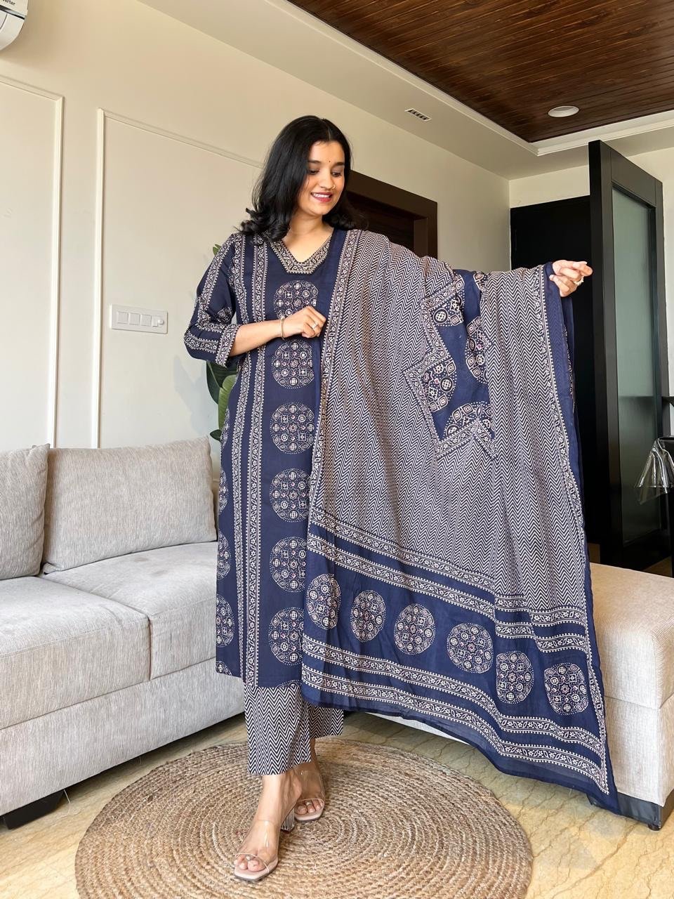 Naina Ajrakh Cotton Suit- Blue - Image 5