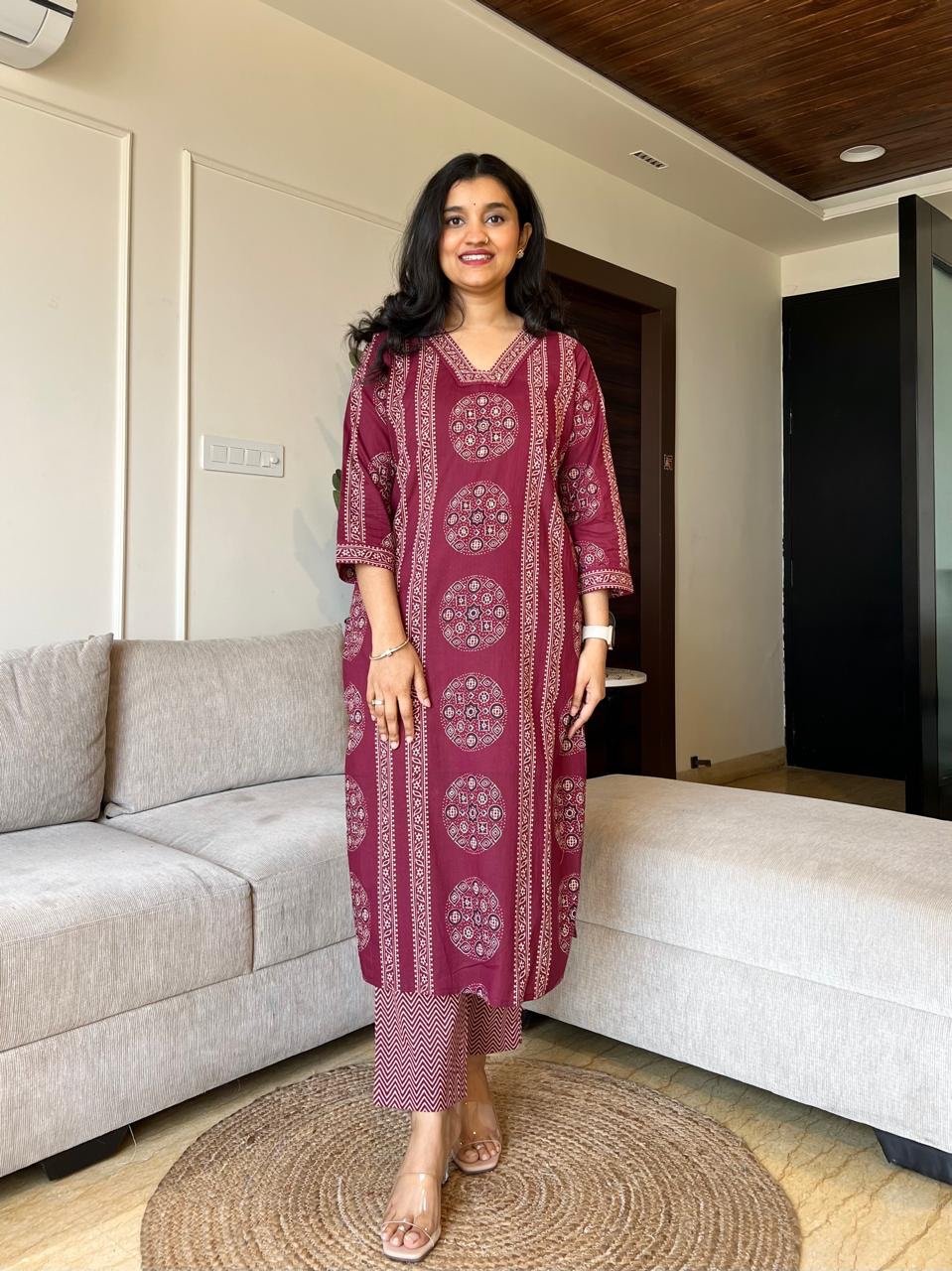 Naina Ajrakh Cotton Suit- Wine - Image 2
