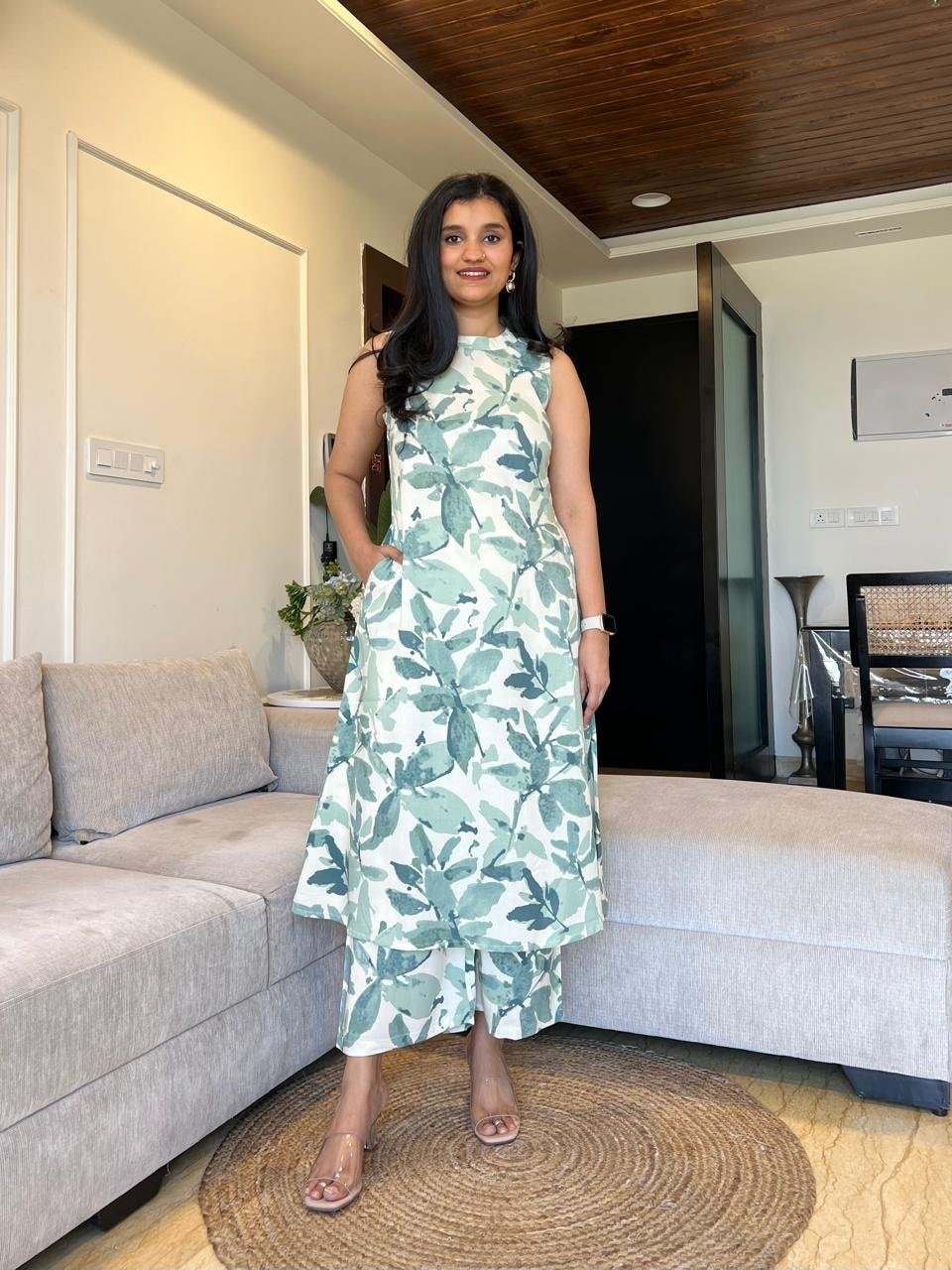 Jasmine Closed Neck Coord Set- Green Watercolor - Image 5