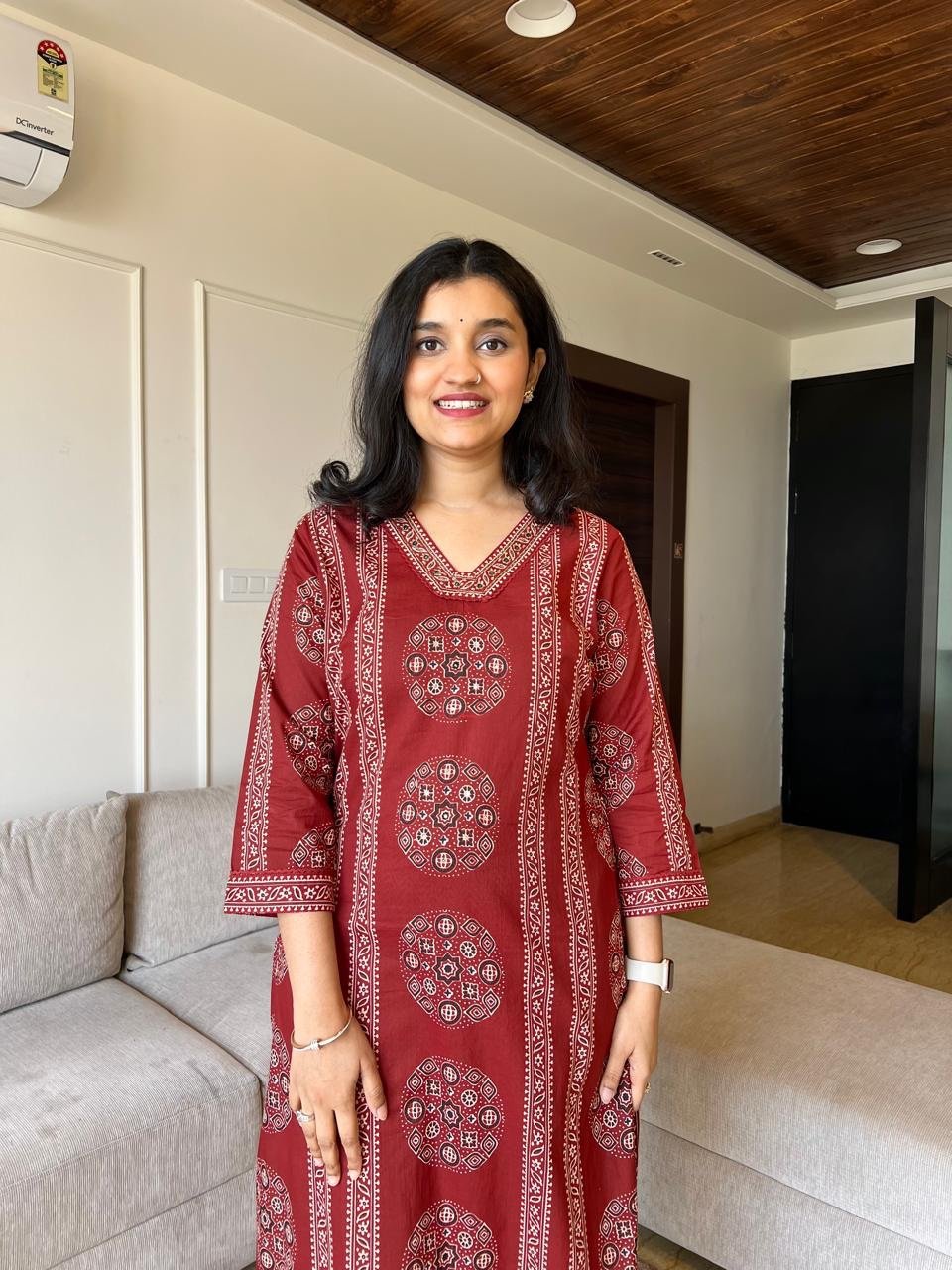 Naina Ajrakh Cotton Suit- Red - Image 3