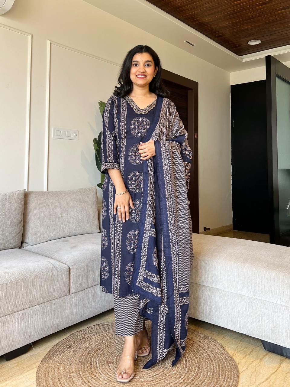 Naina Ajrakh Cotton Suit- Blue - Image 4