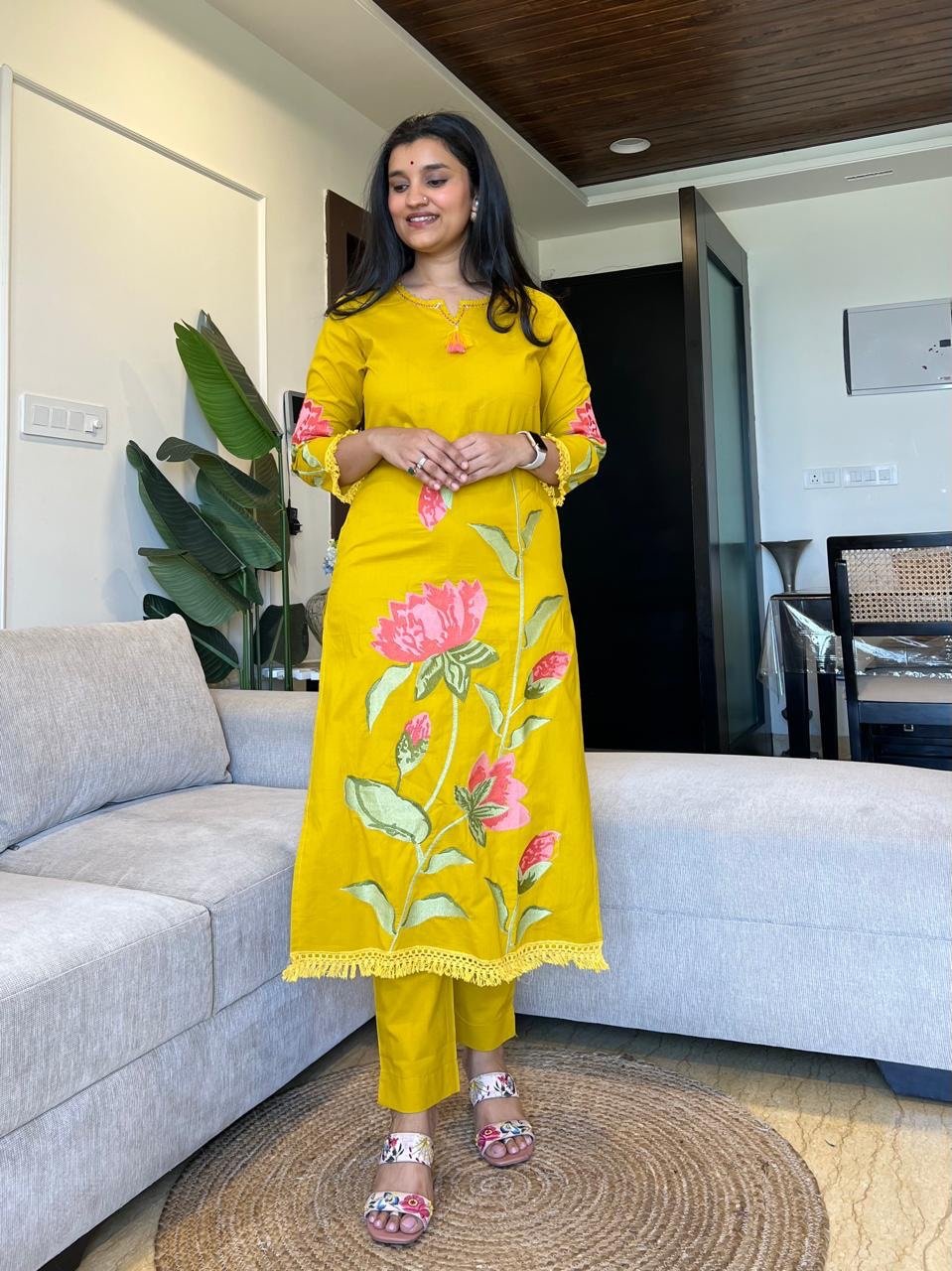 Kiro Floral Embroidered Cotton Set- Yellow - Image 2