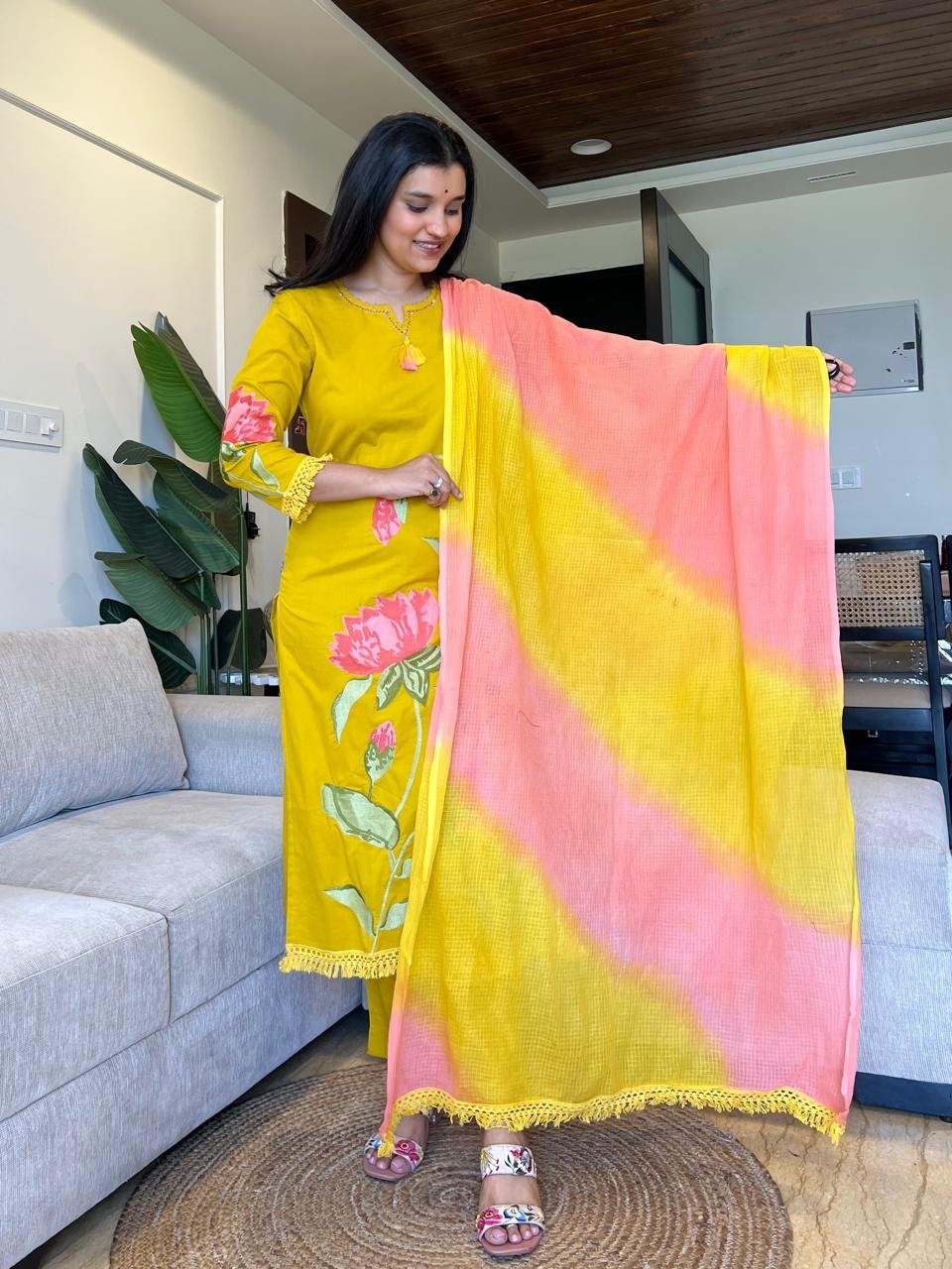Kiro Floral Embroidered Cotton Set- Yellow - Image 4