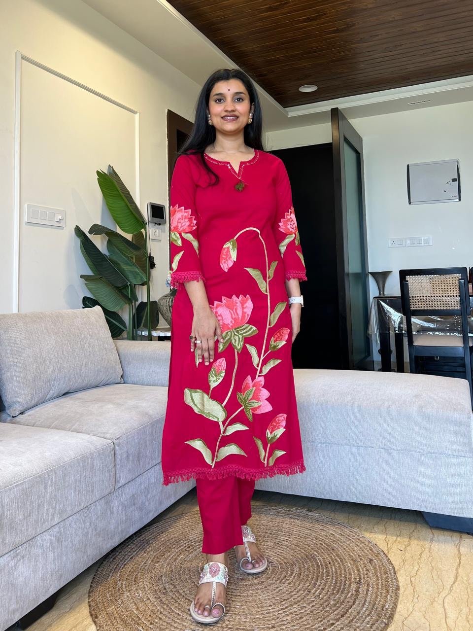 Kiro Floral Embroidered Cotton Set- Pink - Image 2