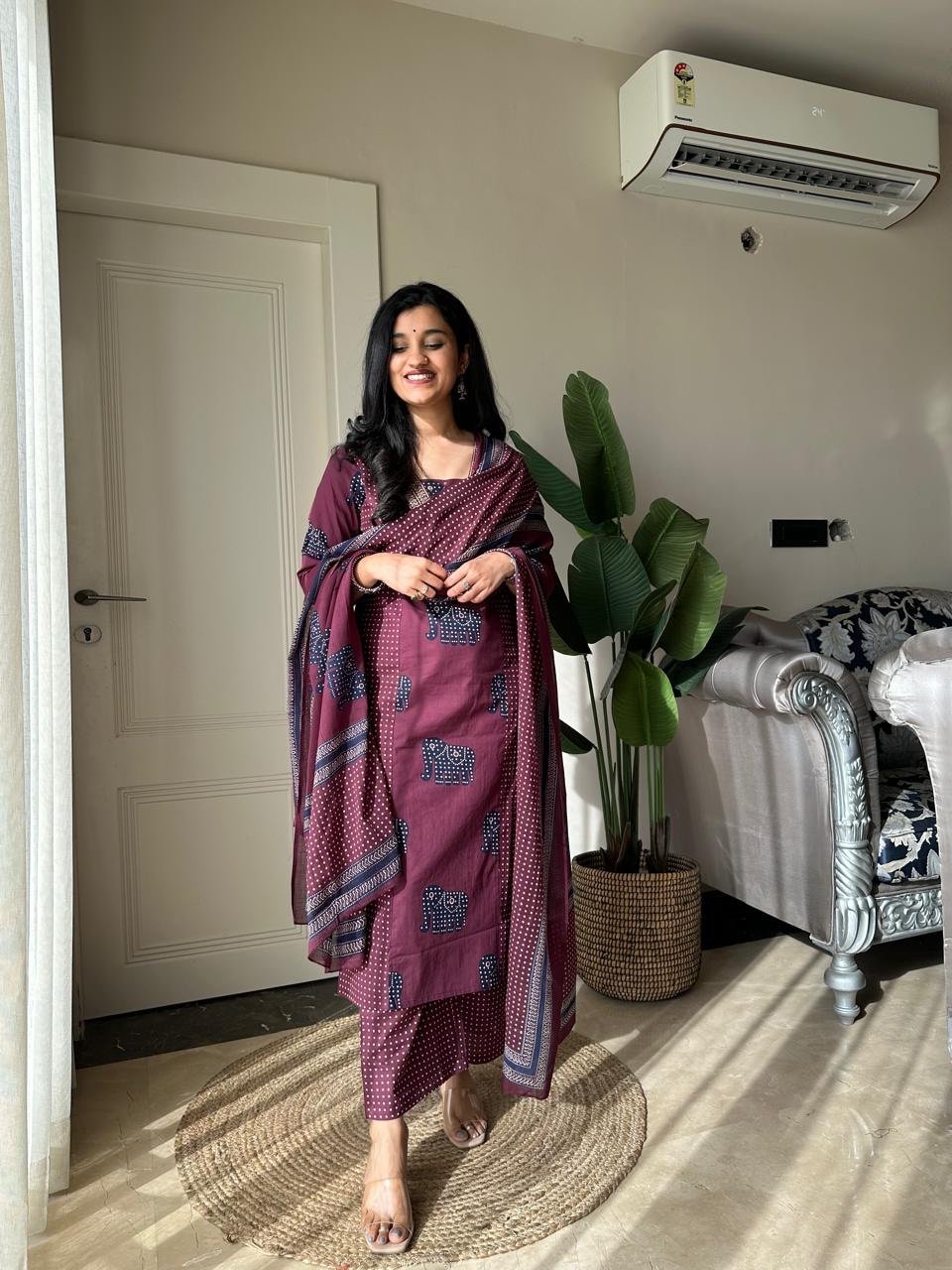 Heena Ajrakh Cotton Suit- Wine - Image 3