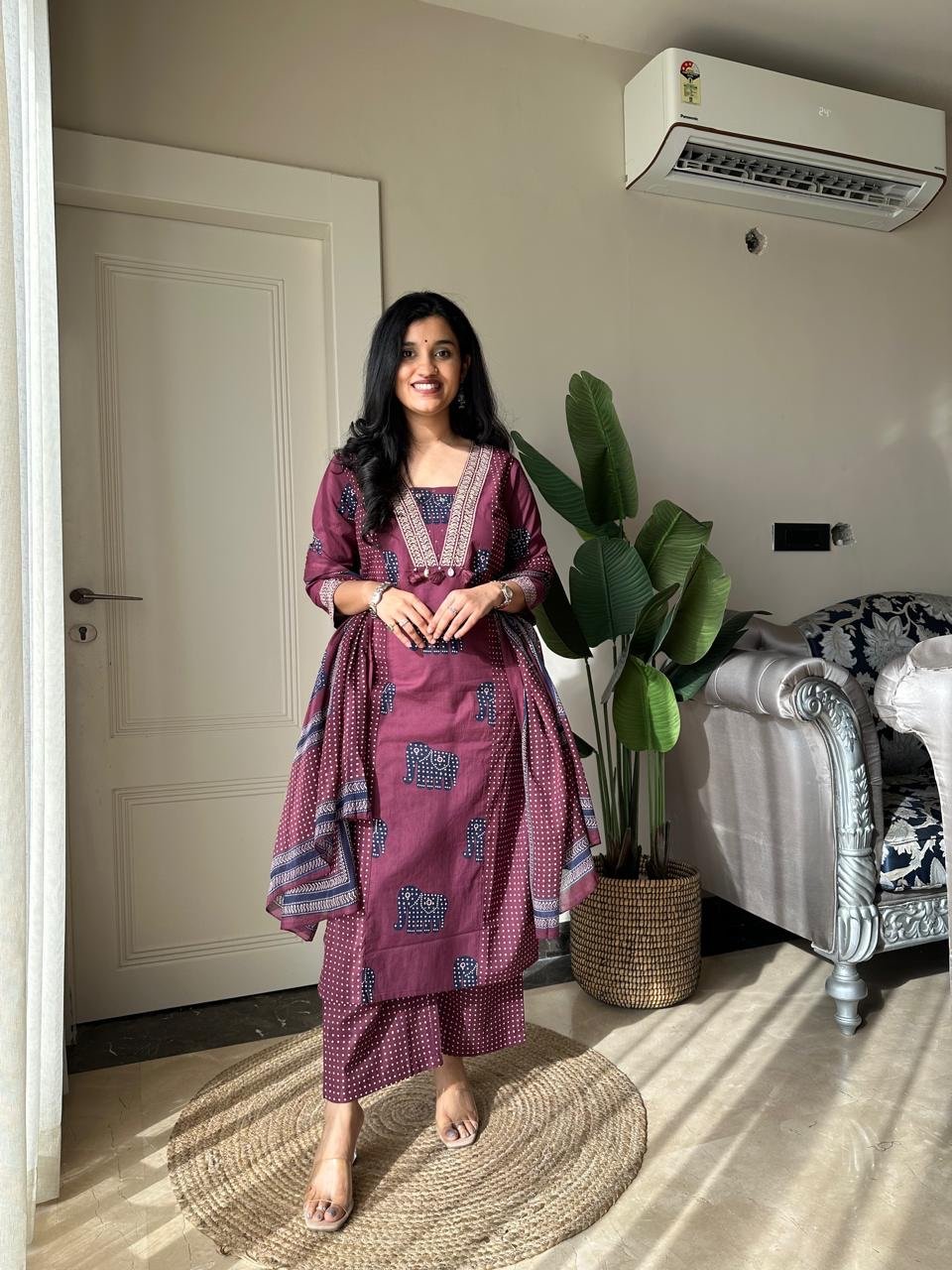 Heena Ajrakh Cotton Suit- Wine - Image 5