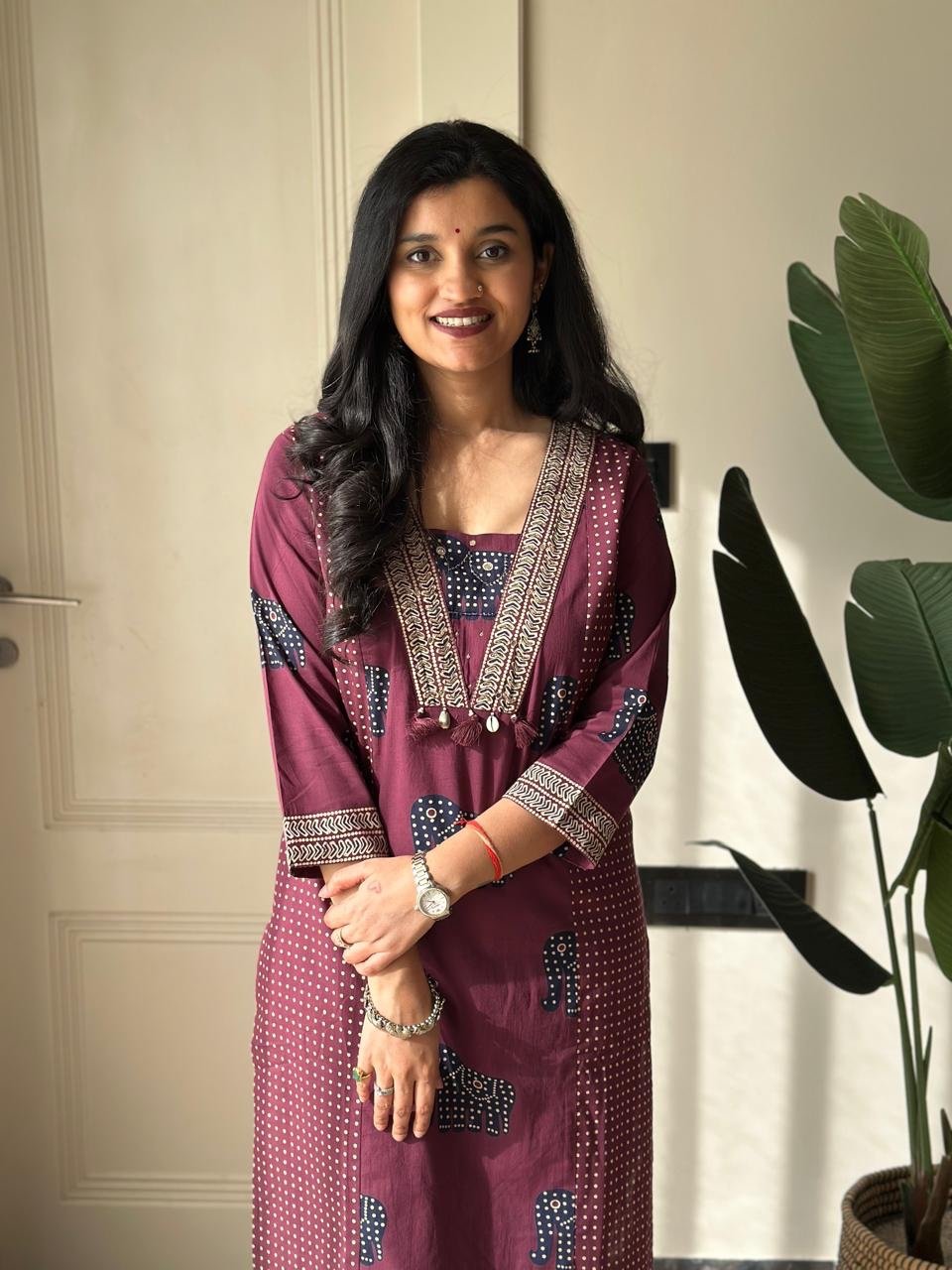 Heena Ajrakh Cotton Suit- Wine - Image 4