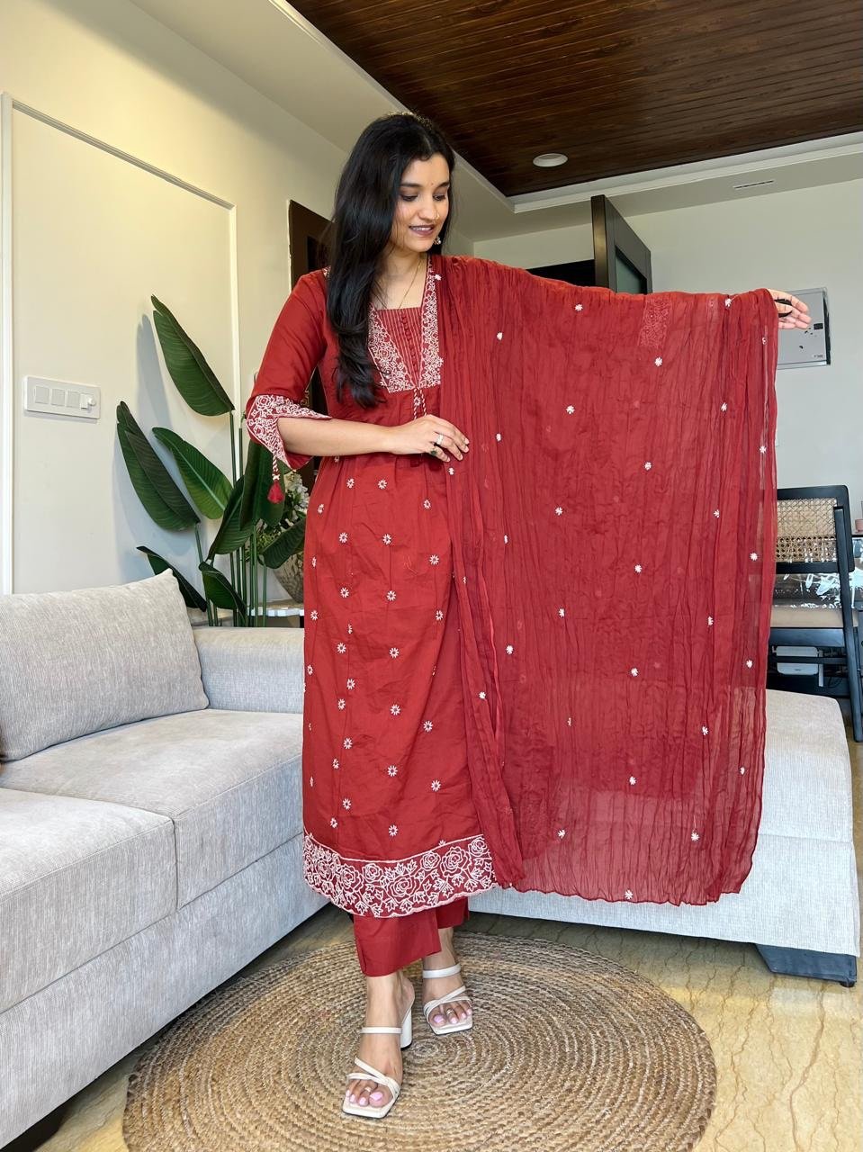 Samara Threadwork Cotton Set- Maroon - Image 4