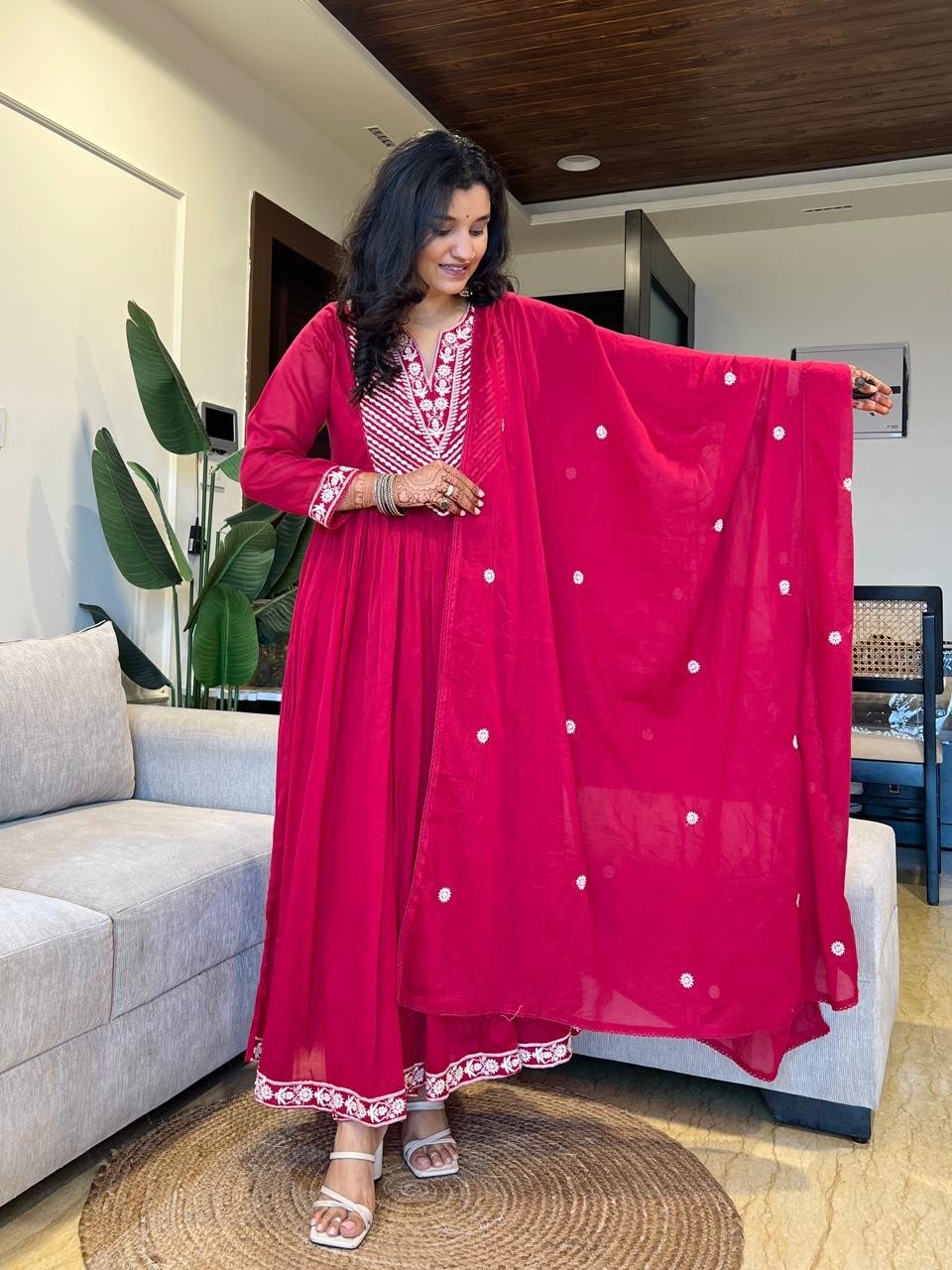 Shayla Embroidered Mulmul Anarkali Set- Dark Pink - Image 3