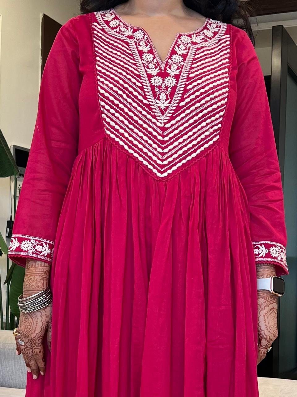 Shayla Embroidered Mulmul Anarkali Set- Dark Pink - Image 6