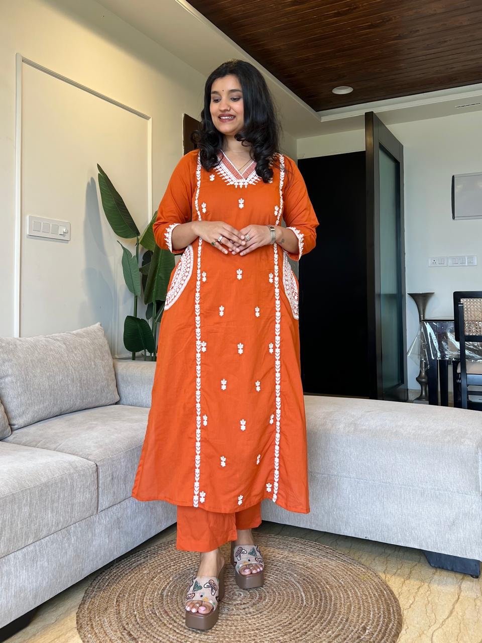 Surya Embroidered Fancy Pant Set- Orange - Image 3