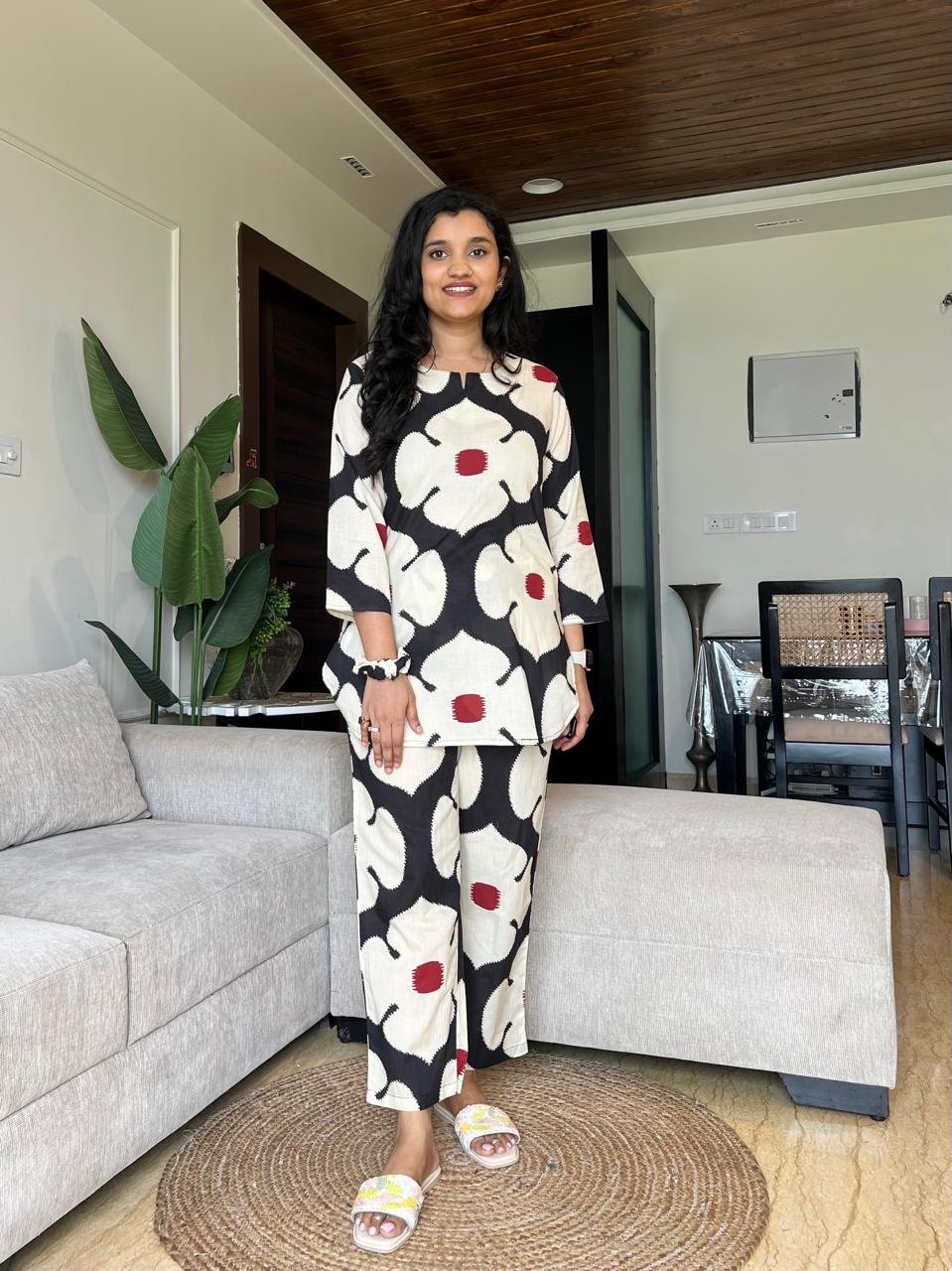 Sia Cotton Lounge Set- Black Big Floral