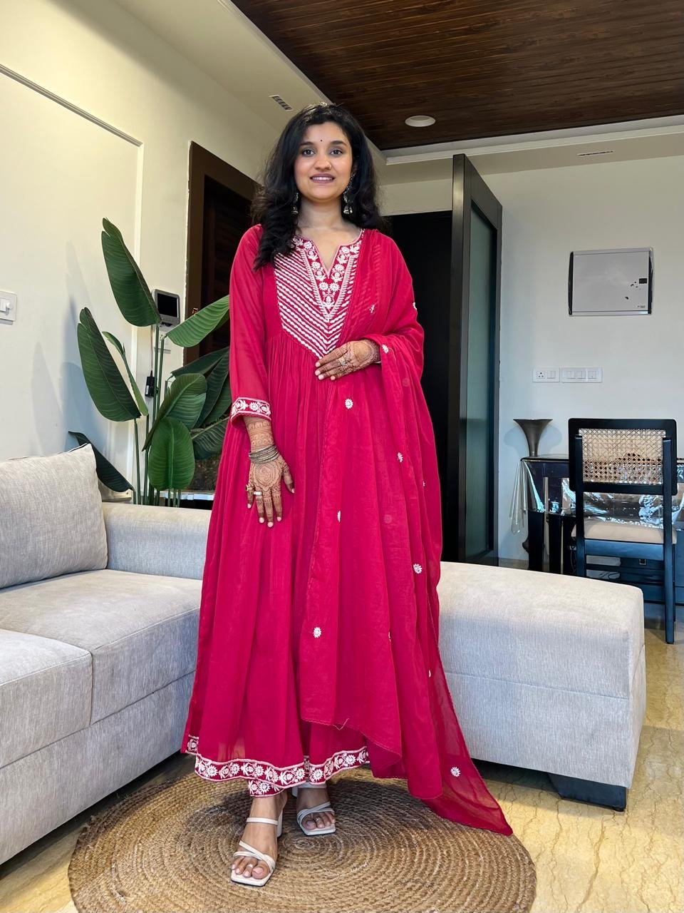 Shayla Embroidered Mulmul Anarkali Set- Dark Pink