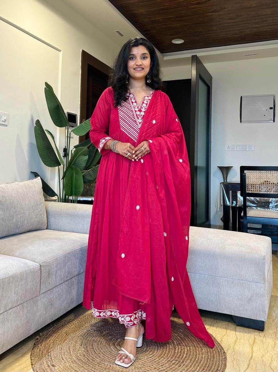 Shayla Embroidered Mulmul Anarkali Set- Dark Pink - Image 5