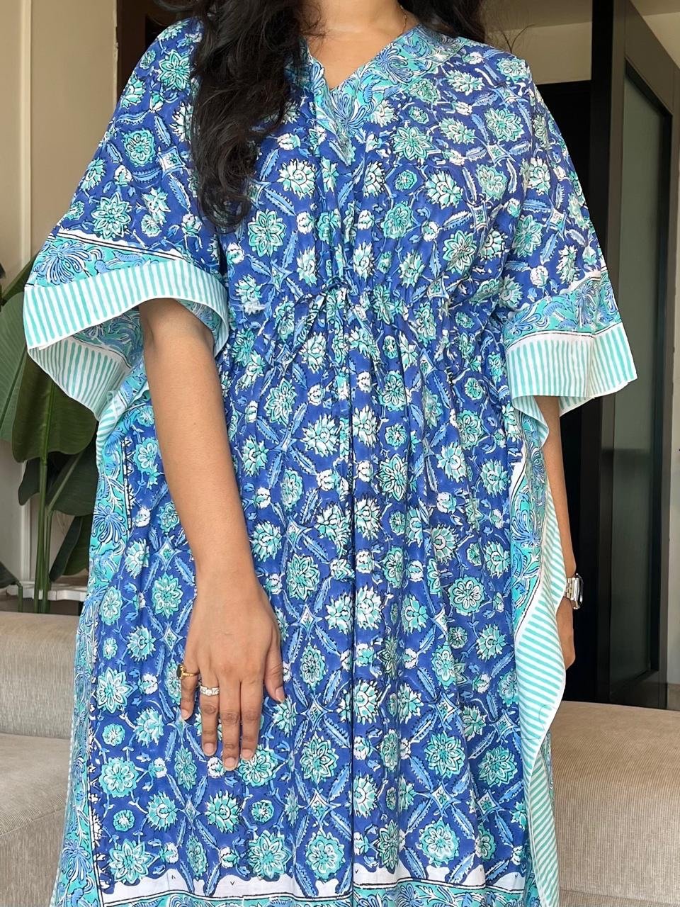 Zura Block Print Kaftan- Sky Bootas - Image 4