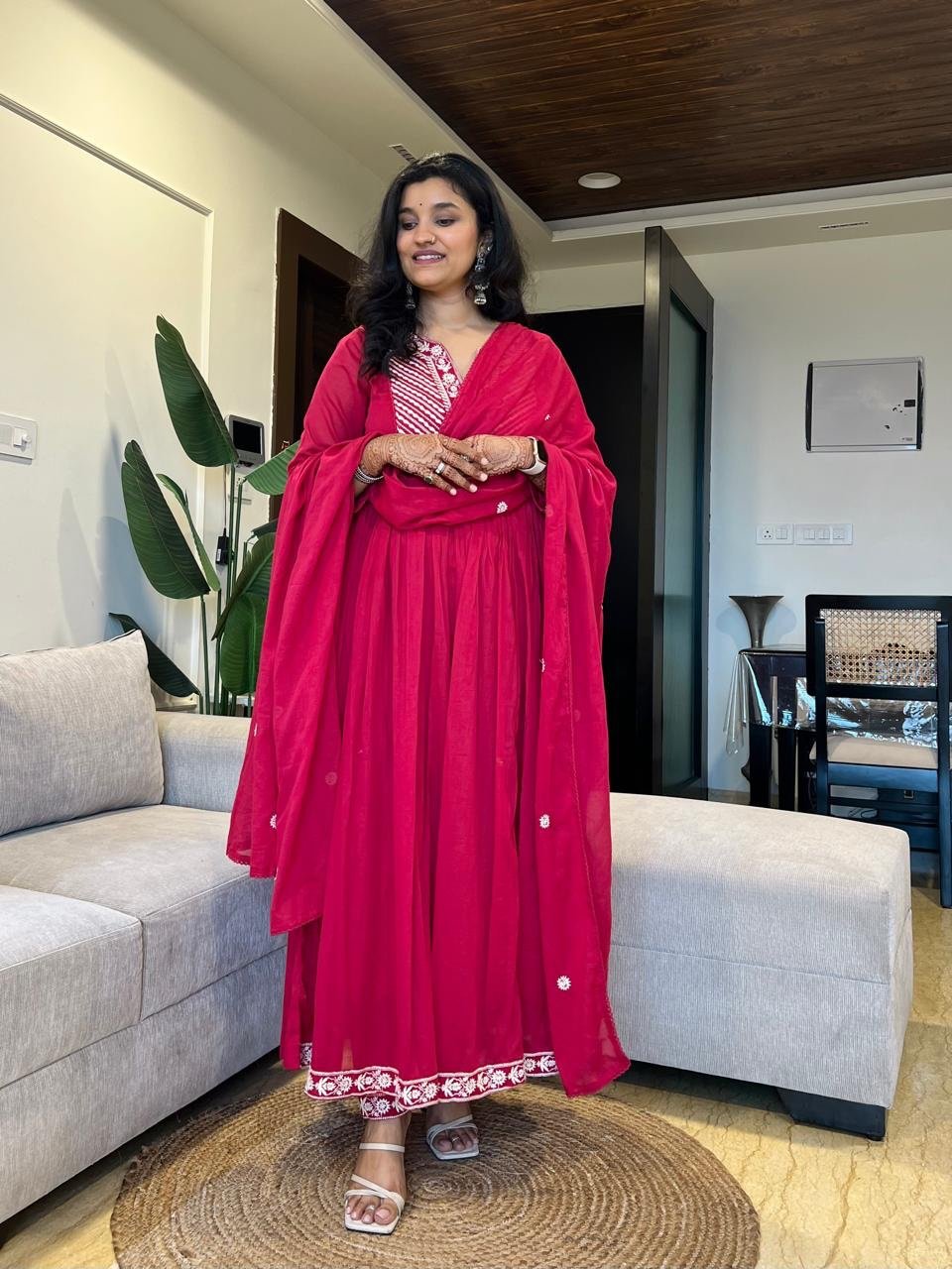 Shayla Embroidered Mulmul Anarkali Set- Dark Pink - Image 2