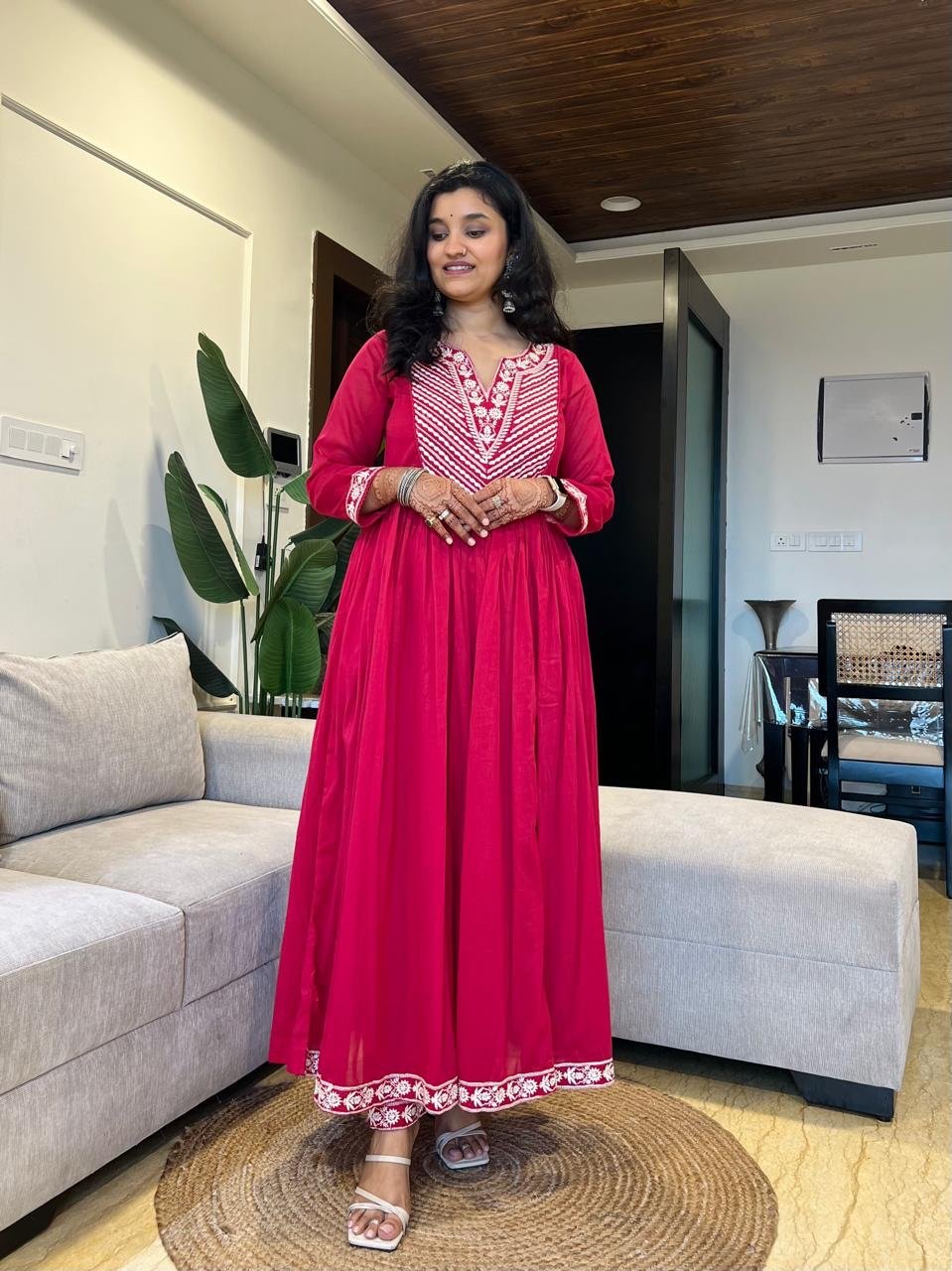 Shayla Embroidered Mulmul Anarkali Set- Dark Pink - Image 4