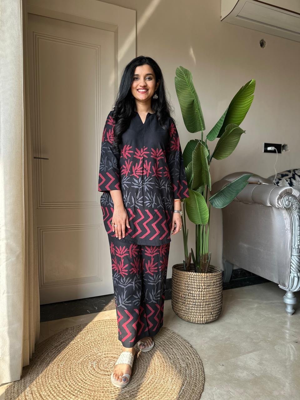 Reema Black Printed Coord Set- V Neck