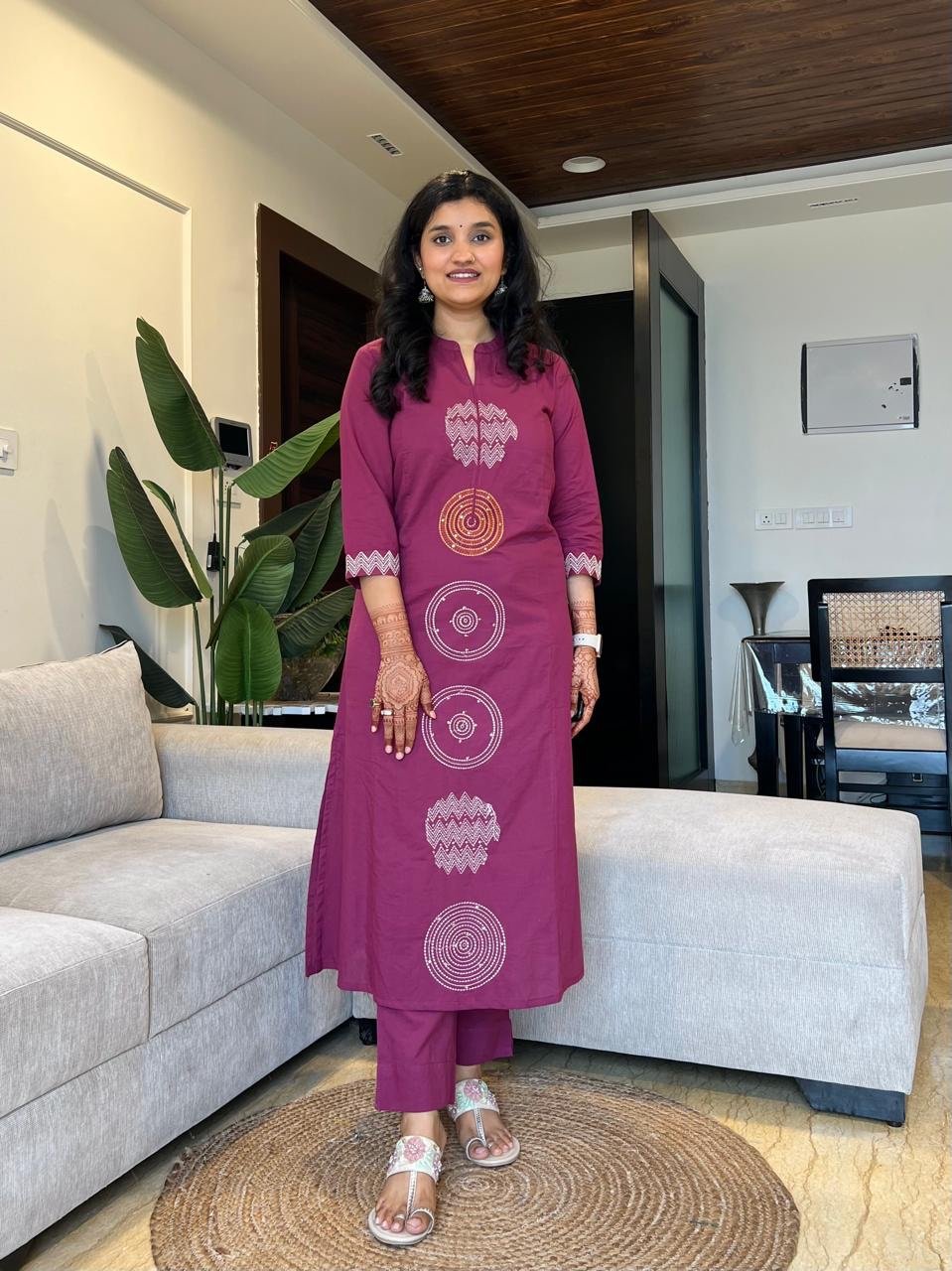 Radha Embroidered Cotton Set- Dark Pink - Image 3