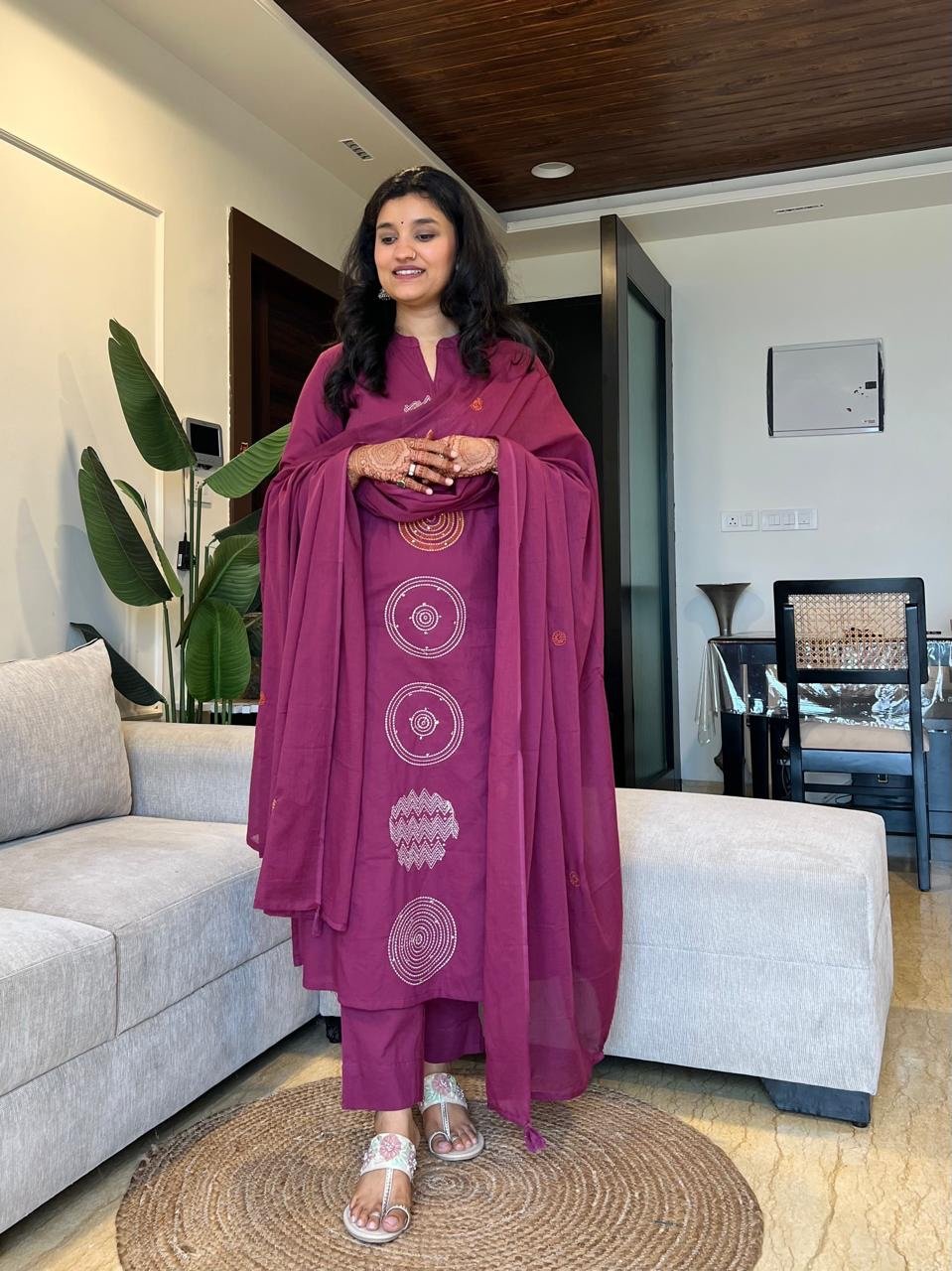 Radha Embroidered Cotton Set- Dark Pink - Image 4