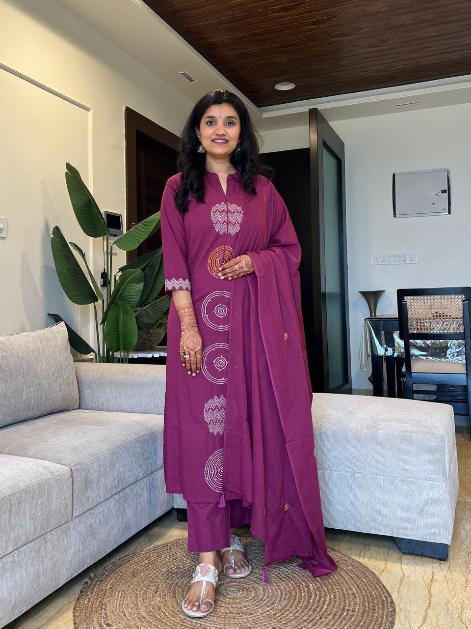Radha Embroidered Cotton Set- Dark Pink