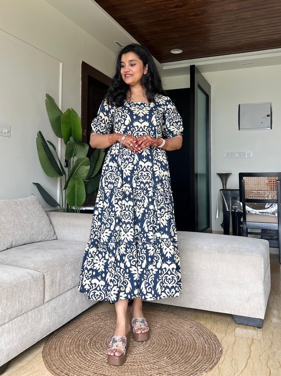 Tanvi Tiered Maxi Dress- Blue Pattern - Image 2