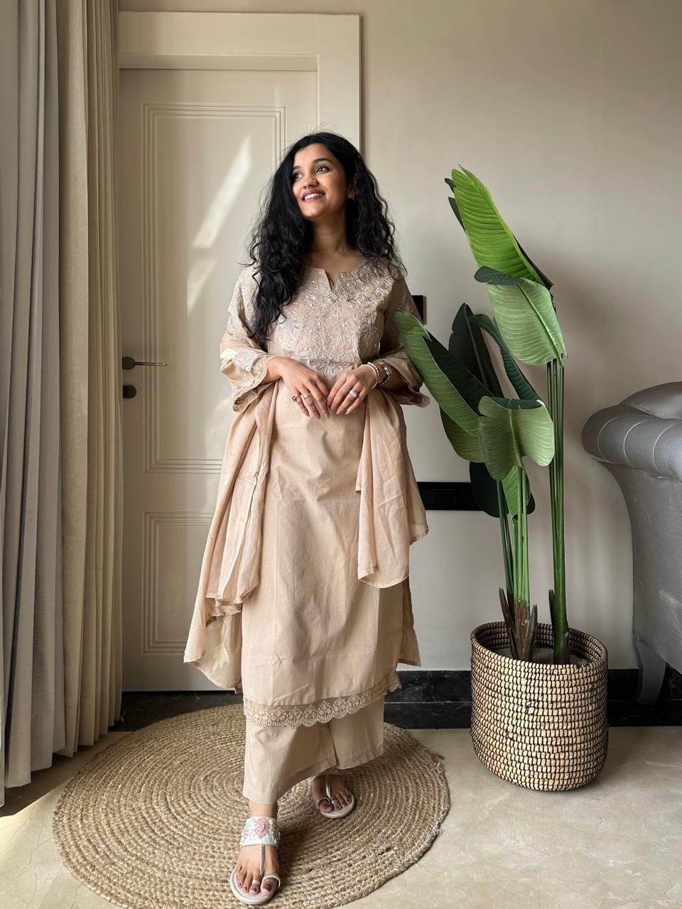 Aana Embroidered Nude Cotton Set - Image 3