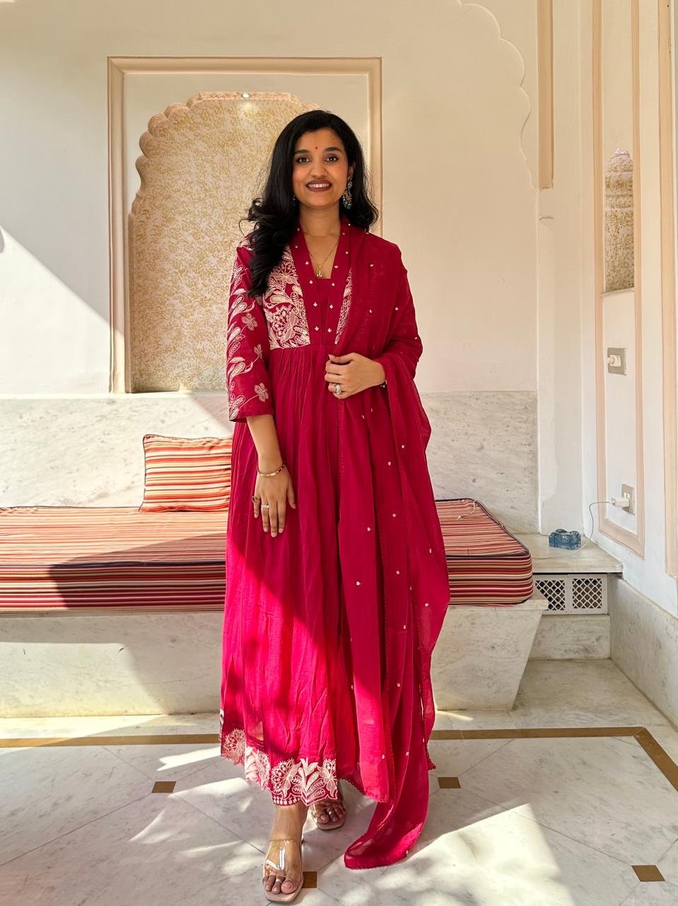 Kashish Threadwork Mul Anarkali Set- Pink