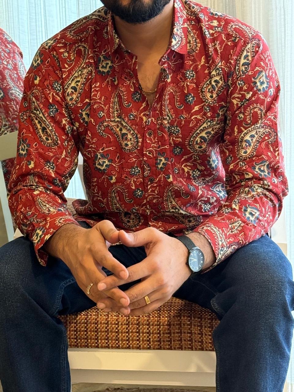 Cotton Men’s Full Sleeves Shirt- Maroon Paisley