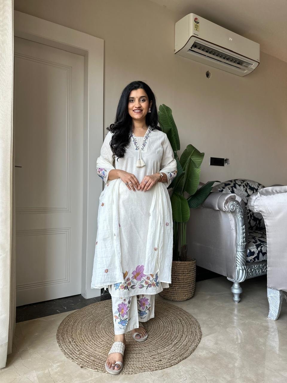Priya Embroidered Off White Set